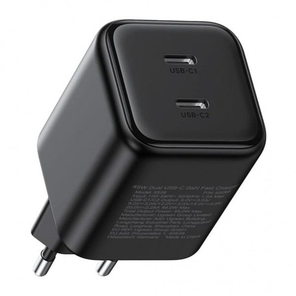 Зарядний пристрій Ugreen X526 2xUSB-C PD45W GaN black (65058)