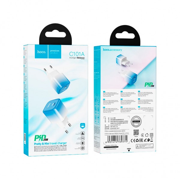 Зарядний пристрій HOCO C101A USB-C PD20W Ice Blue (6931474769374)