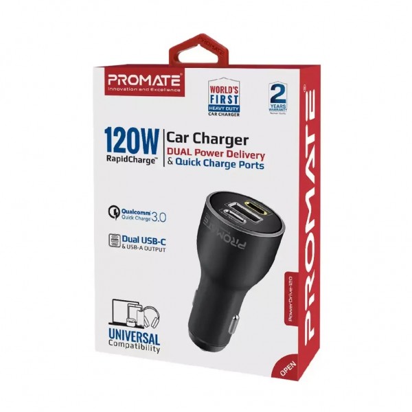 Зарядний пристрій Promate 2xUSB-C + USB-A (powerdrive-120.black)