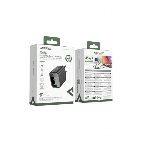 Зарядний пристрій Acefast A106 1xUSB-C PD45W + 1xUSB QC3.0 GaN black (6974316284031)