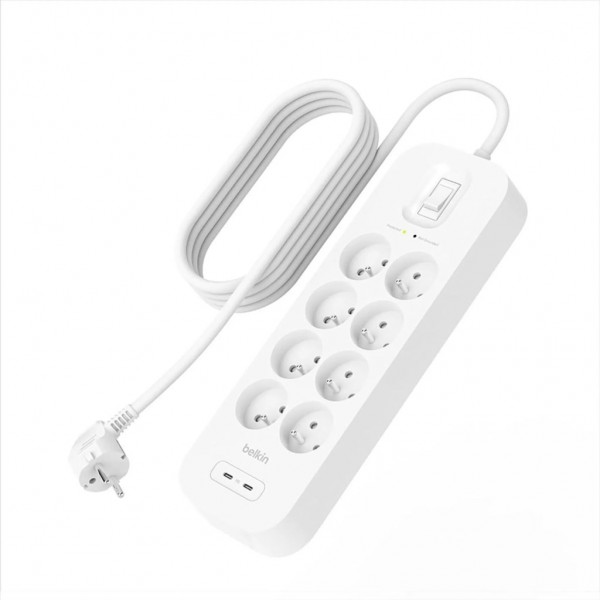 Мережевий фільтр живлення Belkin 8хТипE, 16А, USB-A/USB-C 18Вт, 2м (SRB003CA2M)