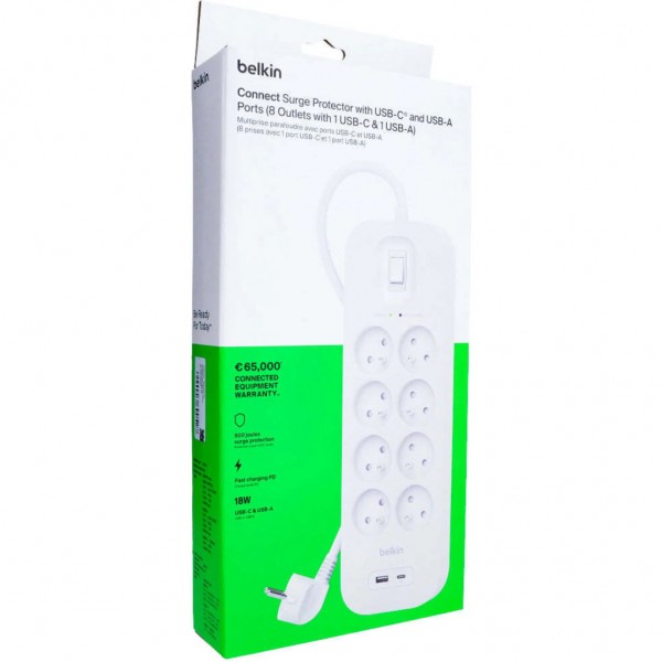 Мережевий фільтр живлення Belkin 8хТипE, 16А, USB-A/USB-C 18Вт, 2м (SRB003CA2M)