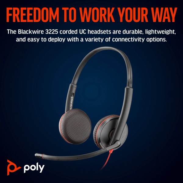 Навушники Poly BlackWire C3225 USB-C HS Stereo +3.5mm Plug +USB-C/A Adapter (Bulk) Black (8X229A6)