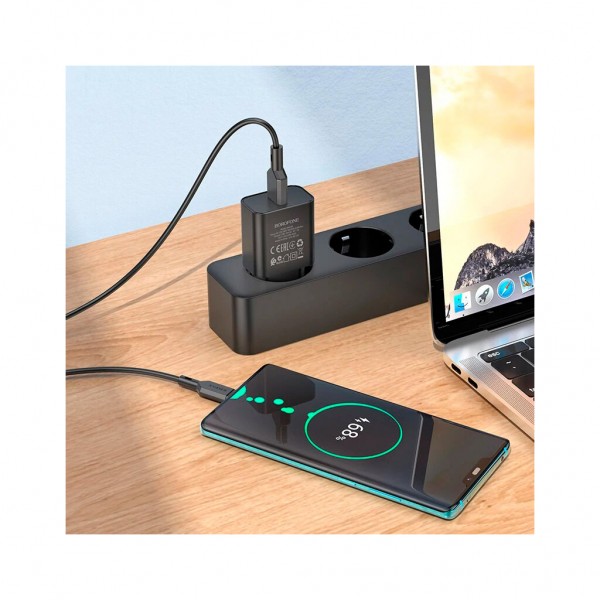 Зарядний пристрій BOROFONE BA72A Spring USB QC3.0 + cable USB to USB-C 18W Black (6974443388589)