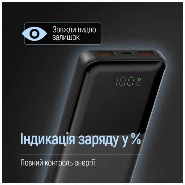 Батарея універсальна ColorWay 10 000 mAh PD/22.5W, QC/3.0, LCD, Black (CW-PB100LPB3BK-PDD)