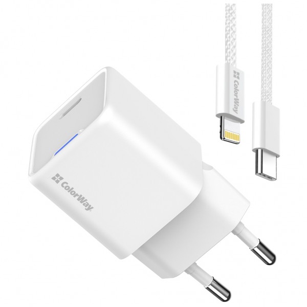 Зарядний пристрій ColorWay C101D GaN Mini 20W PD PPS USB-C + cable USB-C to Lightning white (CW-CHS059PDL-WT)