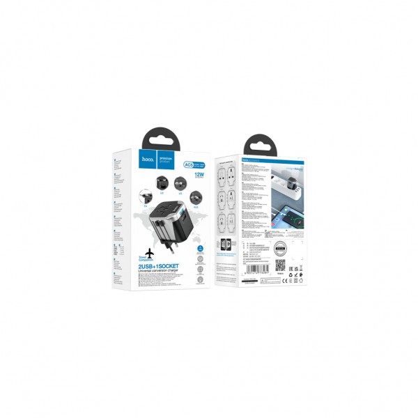 Мережевий фільтр живлення HOCO AC5 1 роз, 2 USB, 1,5м, Black/Gray (AC5ABG)