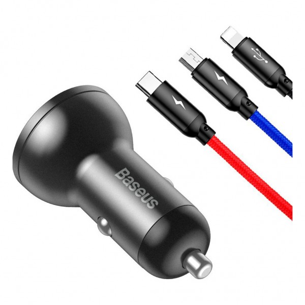 Зарядний пристрій Baseus Digital Display Dual USB 4.8A Car Charger 24W+Three Primary Colors 3-in-1 Cable 1.2m (TZCCBX-0G)