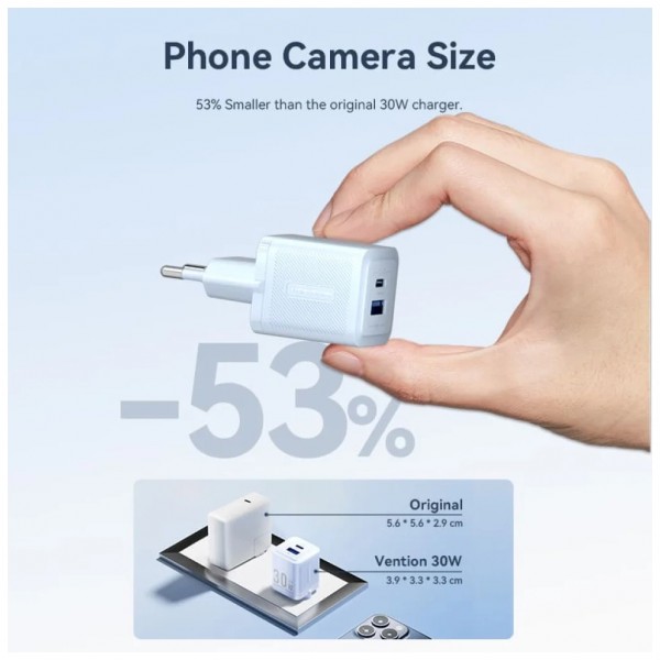 Зарядний пристрій Vention 1xUSB-C PD30W + 1xUSB QC3.0 30W GaN black (FEQB0-EU)