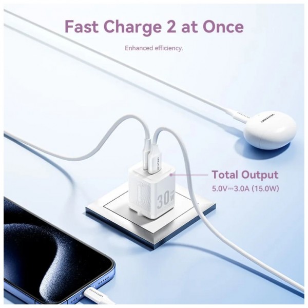 Зарядний пристрій Vention 1xUSB-C PD30W + 1xUSB QC3.0 30W GaN black (FEQB0-EU)