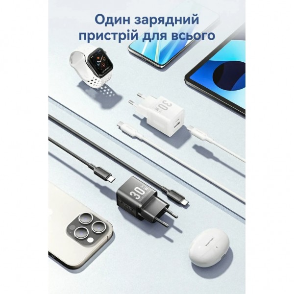 Зарядний пристрій Vention 1xUSB-C PD30W + 1xUSB QC3.0 30W GaN + cable USB-C to USB-C 1.0m white (TZ-FEQW0-EU-01)