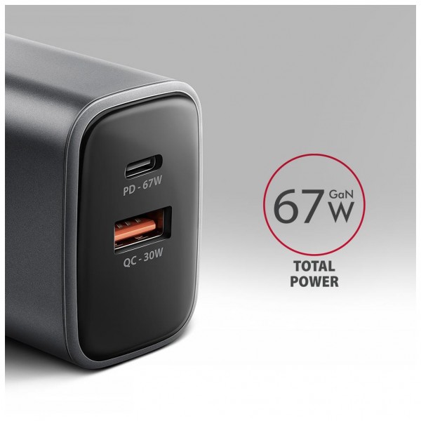Зарядний пристрій AXAGON 1xUSB-C PD67W + 1xUSB QC4+ PPS gray (ACU-PQ67)