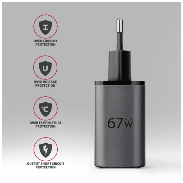 Зарядний пристрій AXAGON 1xUSB-C PD67W + 1xUSB QC4+ PPS gray (ACU-PQ67)