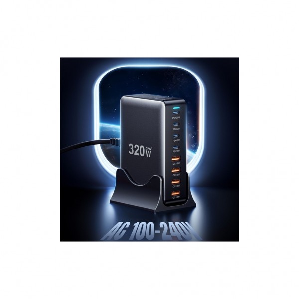 Зарядний пристрій Essager 4xUSB-C + 4xUSB 320W GaN (EZC320W-QJB0G-Z)