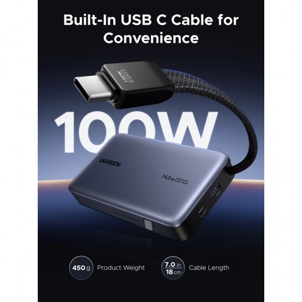 Батарея універсальна Ugreen 20000mAh 145W with Built-in Cable (PB551 55992B)