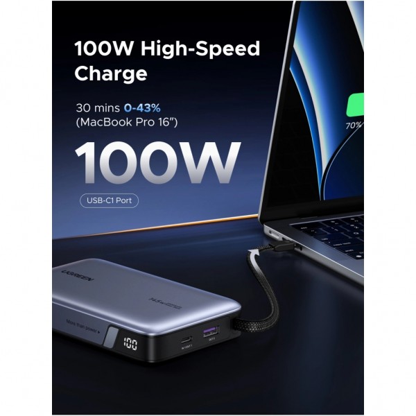 Батарея універсальна Ugreen 20000mAh 145W with Built-in Cable (PB551 55992B)