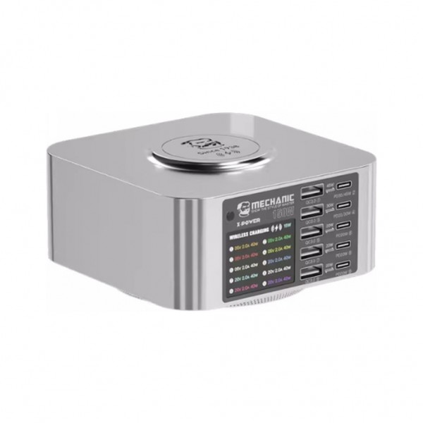Зарядний пристрій MECHANIC 5xUSB-C PD + 5xUSB QC3.0 + Wireless Charging 15W LED indication 150W black (X-Power-150W)