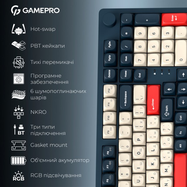 Клавіатура GamePro Asgard Drakkar Keychron Super Red Switch Wireless/Bluetooth/USB UA Blue (MK305BL)