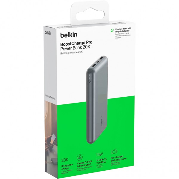 Батарея універсальна Belkin 10000mAh 15W 2xUSB-A, USB-C Gray (BPB011BTGY)