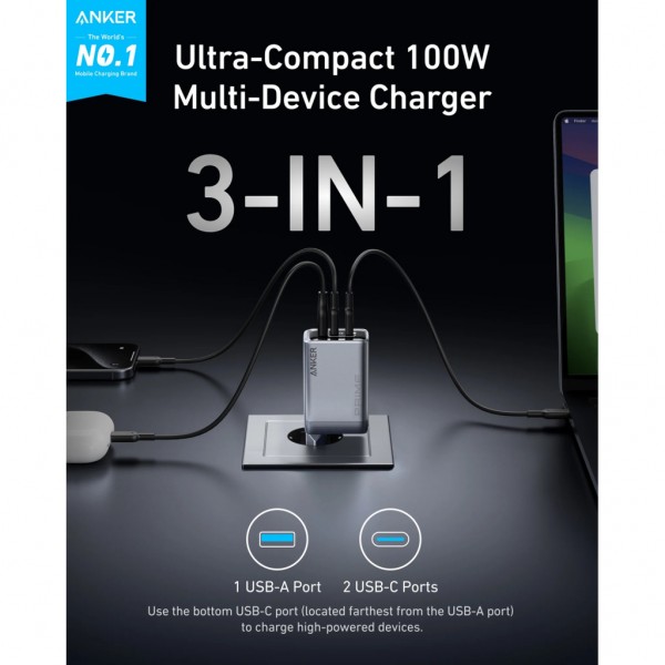 Зарядний пристрій Anker GaNPrime 100W 2xUSB-C PD + 1xUSB-A Foldable Silver (A2688341)