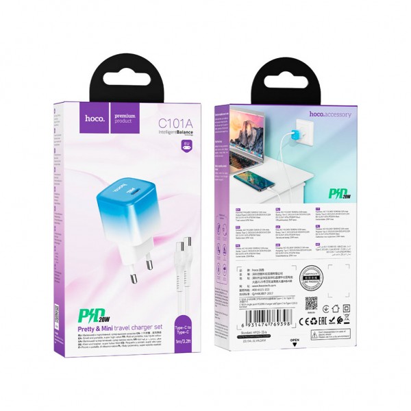 Зарядний пристрій HOCO C101A USB-C PD20W + cable USB-C to USB-C Ice Blue (6931474769398)