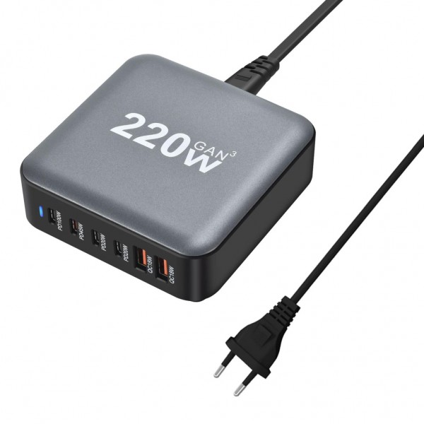 Зарядний пристрій XoKo 1xUSB-С PD100W + 1xUSB-С PD45W + 2xUSB-С PD20W + 2xUSB QC18W 220W GaN (QC-220)