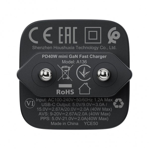 Зарядний пристрій Acefast A136 USB-C PD40W GaN black (6974316286233)