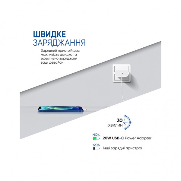 Зарядний пристрій Armorstandart AMHJ83 20W USB-C White + cable USB-C to USB-C (ARM77725)