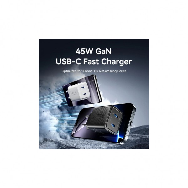 Зарядний пристрій Vention 2xUSB-C PD45W GaN white (FEFW0-EU)