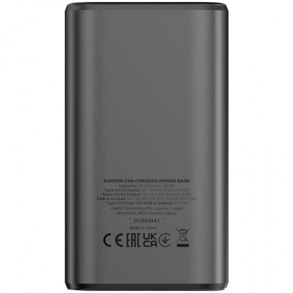 Батарея універсальна Canyon 10000mAh OnPower 130 TFT PD/30W Dark Grey (CNS-CPB130DG)