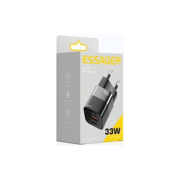 Зарядний пристрій Essager 1xUSB + 1xUSB-C 33W GaN black (ECTCA-FZB01)