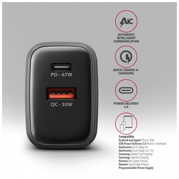 Зарядний пристрій AXAGON 1xUSB-C PD67W + 1xUSB QC4+ PPS display gray (ACU-PQ67D)