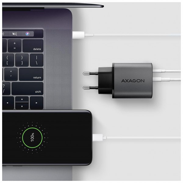Зарядний пристрій AXAGON 1xUSB-C PD67W + 1xUSB QC4+ PPS display gray (ACU-PQ67D)