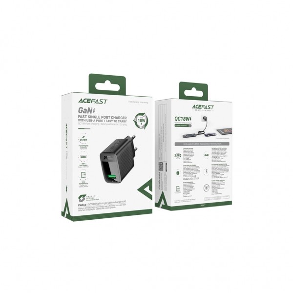 Зарядний пристрій Acefast A90 USB QC3.0 18W GaN black (6974316283249)