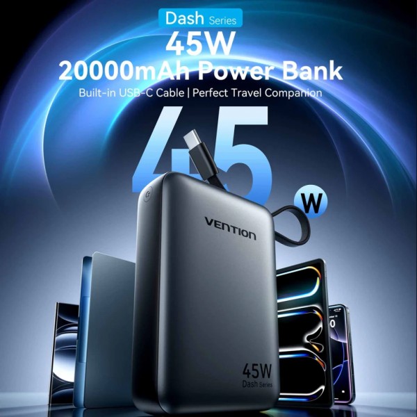 Батарея універсальна Vention 20000 mAh 45W Mini with Built-in USB-C Cable Gray (FHGH0)