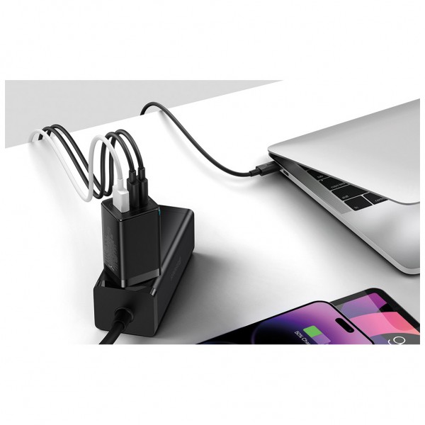 Зарядний пристрій Baseus 2xUSB-C 65W + 1xUSB GaN + cable USB-C to USB-C 100W 1.0m black (CCGP120201)