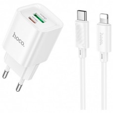 Зарядний пристрій HOCO C147A Charm 1xUSB-C PD20W + 1xUSB QC3.0 + cable USB-C to Lightning White (6942007630283)