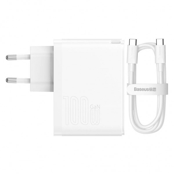 Зарядний пристрій Baseus 1xUSB-C + 1xUSB GaN 100W + cable USB-C to USB-C white (CCGP090202)