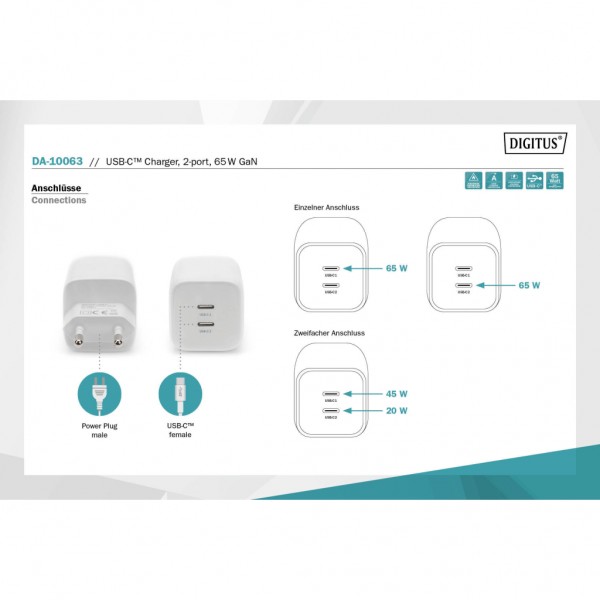 Зарядний пристрій Digitus 2xUSB-C PD65W GaN (DA-10063)