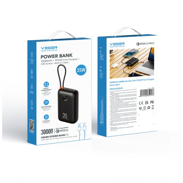 Батарея універсальна VEGER 30000mAh K3 35W PD QC3.0 black (6977525750137)