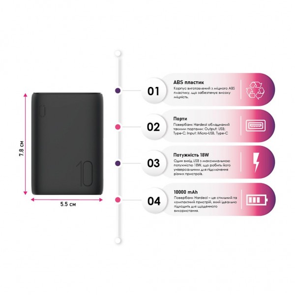 Батарея універсальна TheGeneral 10000mah Hardeol, QC/3.0/18W (40012419-01)