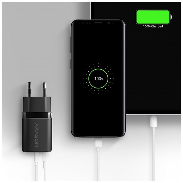 Зарядний пристрій AXAGON 1xUSB QC4.0 + 1xUSB-C PD30W PPS black (ACU-PQ30)
