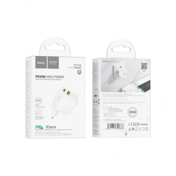 Зарядний пристрій HOCO C111A Lucky 1xUSB-C PD30W + 1xUSB QC3.0 White (6931474790866)