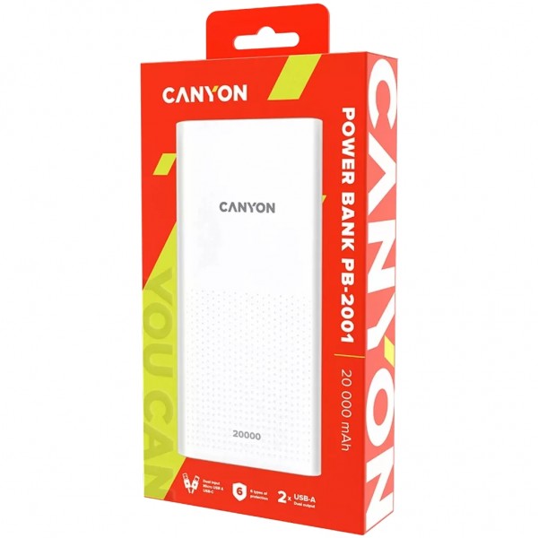 Батарея універсальна Canyon 20000mAh, Input 5V/2A, Output 5V/2.1A(Max), White (CNE-CPB2001W)
