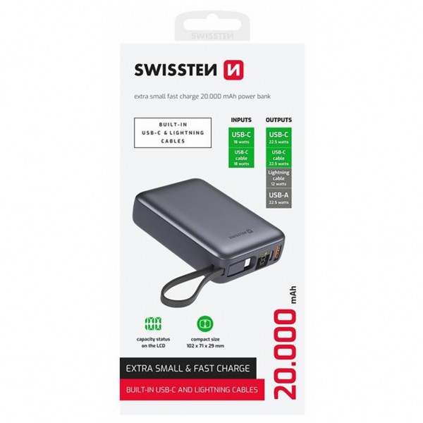 Батарея універсальна SWISSTEN 20000mAh SPACE 22/5W PD QC w/built-in cables USB-C/LIGHTNING Silver (8595217490598)