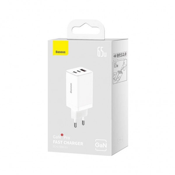 Зарядний пристрій Baseus 2xUSB-C 65W + 1xUSB GaN + cable USB-C to USB-C 100W 1.0m white (CCGP120202)