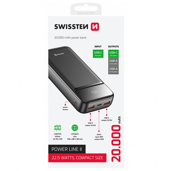 Батарея універсальна SWISSTEN 20000mAh POWER LINE II 22.5W PD QC Black (8595217490628)