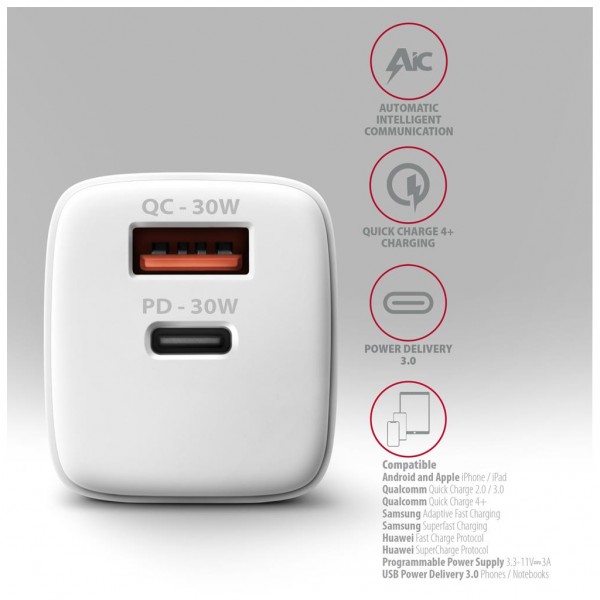 Зарядний пристрій AXAGON 1xUSB QC4.0 + 1xUSB-C PD30W PPS white (ACU-PQ30W)