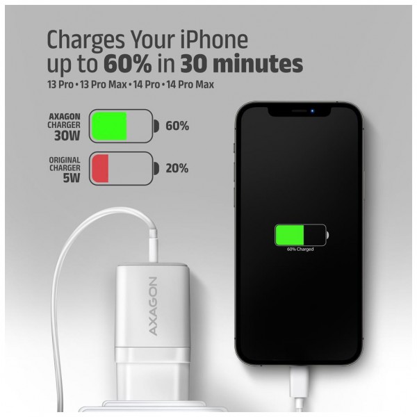 Зарядний пристрій AXAGON 1xUSB QC4.0 + 1xUSB-C PD30W PPS white (ACU-PQ30W)