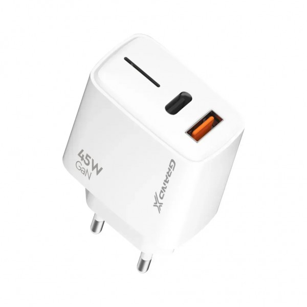 Зарядний пристрій Grand-X GaN 1xUSB-C + 1xUSB QC3.0 45W white (CH-460W)